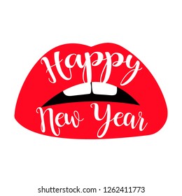 Woman red lips, Happy New Year 2019, flat red lips with inscription Happy New year on white background. Feminine beautiful glamour mouth. Vector illustration. Beauty New Year's and Christmas