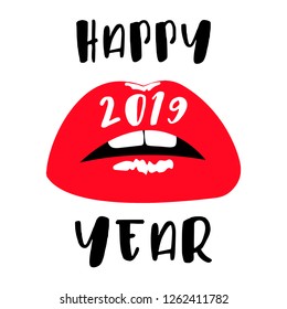 Woman red lips, Happy New Year 2019, flat red lips with inscription Happy 2019 year on white background. Feminine beautiful glamour mouth. Vector illustration. Beauty New Year's and Christmas