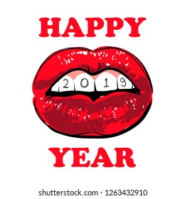 Woman red lips, Happy New Year 2019, red lips with inscription on teeth Happy 2019 on white background. Feminine beautiful glamour mouth. Hand draw Vector illustration. Beauty New Year's and Christmas