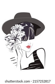 Woman with red lips in a hat, face and hands in lines. Female style. Hand drawn vector illustration.