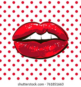Woman red lips icon illustration. Female red mouth shape with teeth. Beautiful kiss symbol with lipstick makeup for love poster, fashion banner, greeting card design. Pop art polka dot background