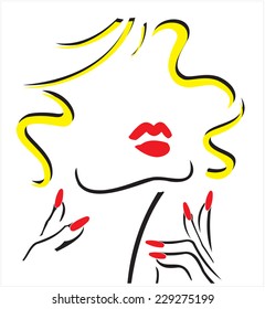 Woman with red lips and red nails. vector.