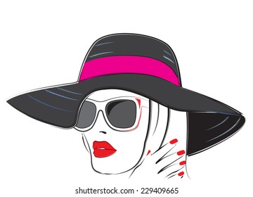 Woman with red lips and red nails wearing a hat and sun glasses. vector