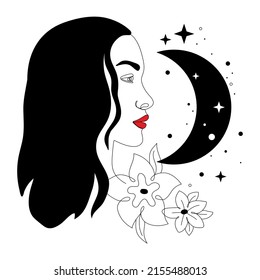 Woman with red lips. One single line vector illustration. Moon and stars