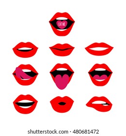 Woman red lips set. Mouth with a kiss, smile, teeth, laugh, tongue up and down, open mouth with Eat Me lettering on candy. Vector flat design elements isolated on white background.