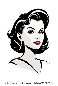 Woman with red lips, simple bob haircut and hair brushed away from the face, medium length, hairstyle 40s.