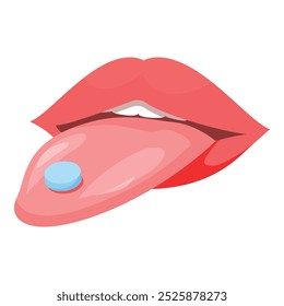 Woman with red lips is taking blue pill sticking her tongue out