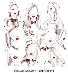 Woman with red lips vector set. Beautiful girl face portrait on white background. Hand drawn in watercolor style for valentine sale banner or march 8 shopping card design, poster, invitation.