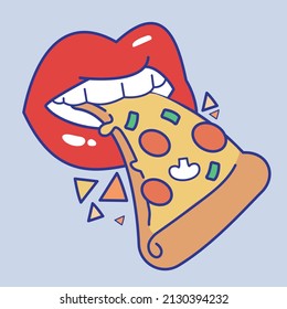 woman with red lipstick lip bitten pizza