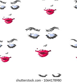 Woman with red lipstick looking down and smiling fashion illustration seamless pattern for prints and backgrounds hand drawn