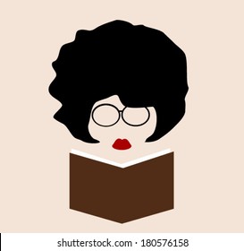 woman with red lipstick reading book