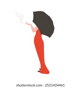 Woman in red long dress standing under umbrella and smoking cigarette, rear view vector illustration