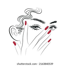 woman with red nails near the eyes