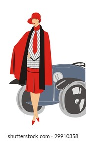 The woman in red near the car