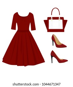 Woman red outfit set, dress, handbag and shoes, vector