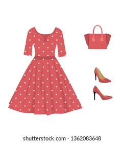 Woman red outfit set, dress, handbag and shoes, vector 