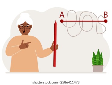 A woman with a red pencil in his hand. A line is drawn from point A to point B, a straight and difficult path, the shortest distance to the goal, an easy or short path to success in business and life.