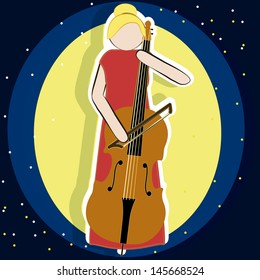 woman in red playing the cello on a background of yellow and blue circles with white dots and yellow.