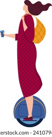 Woman in red polka dot dress riding hoverboard with coffee and tote bag. Modern commuting and eco-friendly transport vector illustration.