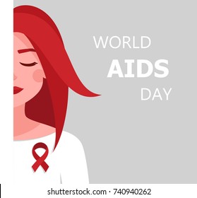 Woman Red Ribbon Worlds AIDS Day . female character with a red ribbon on the chest.thematic vector illustration for the world day of fight against AIDS. Medical illustration.