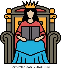 A woman in a red robe sits on a throne with a book in her hand. She is a queen or a ruler, and the image conveys a sense of power and authority