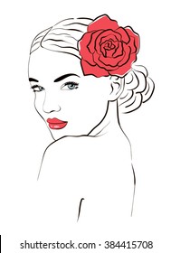 Woman with the red rose in hair