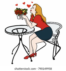 Woman with red rose in love and sitting on chair