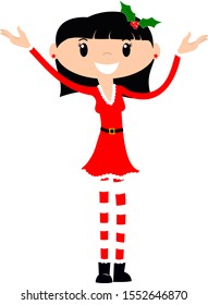 Woman in red Santa outfit with Christmas holly smiling and waving female cute cartoon character 