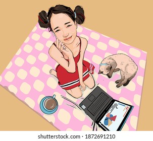 A woman in red sat on the phone while working, a cream-colored cat lying next to it, a cup of coffee and a computer.