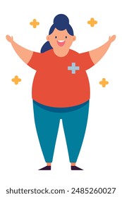 A woman in a red shirt with a cross on her chest has arms outstretched