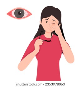 A woman in red shirt have eye pain. Because the dust or particulate move in her eye into pain.