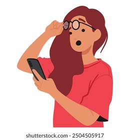 Woman In A Red Shirt Holding A Smartphone With A Surprised Expression. She Is Adjusting Her Glasses While Looking At The Screen, Conveying Emotions Of Shock Or Amazement. Cartoon Vector Illustration