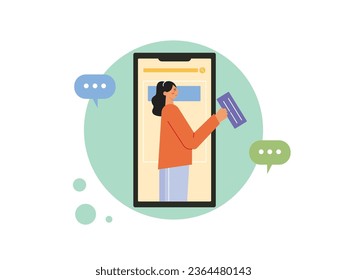 A woman in a red shirt is inside a smartphone organizer the layout of the app, setting the design screen. Character design. Vector flat illustration