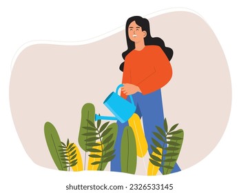 Woman in red shirt and long hair smiling while watering plants in her yard, gardening in the morning after waking up. Vector flat illustration