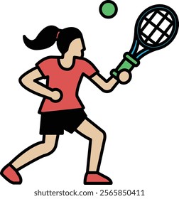 A woman in a red shirt is playing tennis. She is holding a tennis racket and is about to hit a tennis ball