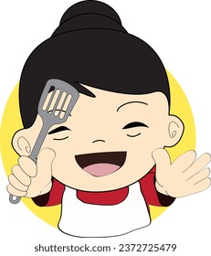 woman in red with spatula