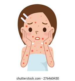 Woman with red spots on face and body 