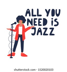 A Woman in red suit singing. Live music concert, event. T-shirt print, poster design element. All you need is Jazz - hand drawn lettering.