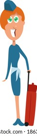 Woman with red suitcase, illustration, vector on white background.