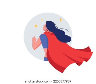 Woman in red superhero cape minimal vector illustration. The concept of success, leadership and victory in business.