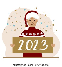 A woman in a red sweater and with a cap holds a sign or poster with the numbers 2023. Postcard or greeting Merry Christmas and Happy New Year. Vector flat illustration