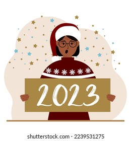 A woman in a red sweater and with a cap holds a sign or poster with the numbers 2023. Postcard or greeting Merry Christmas and Happy New Year. Vector flat illustration