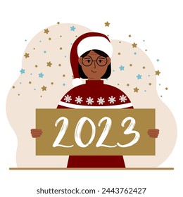 A woman in a red sweater and with a cap holds a sign or poster with the numbers 2023. Postcard or greeting Merry Christmas and Happy New Year. Vector flat illustration