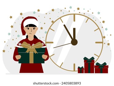 A woman in a red sweater and a red cap with a large gift box. 5 minutes before Christmas or New Year.