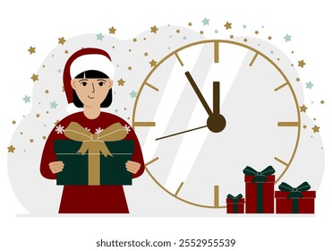 A woman in a red sweater and a red cap with a large gift box. 5 minutes before Christmas or New Year. Vector flat illustration.