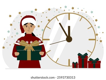 A woman in a red sweater and a red cap with a large gift box. 5 minutes before Christmas or New Year. Vector flat illustration.
