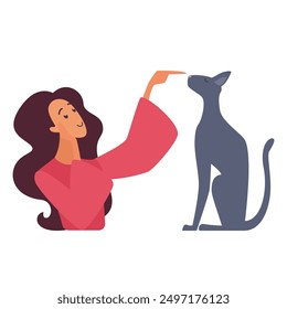 A woman in a red sweater interacts with a black cat, gently touching its nose with her finger.