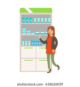 Woman In Red Sweater In Pharmacy Choosing And Buying Drugs And Cosmetics, Part Of Set Of Drugstore Scenes With Pharmacists And Clients