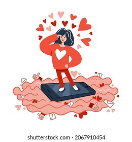 woman in red sweater swims on smartphone looking for love vector illustration