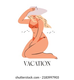 Woman In Red Swimming Suit Holding Hat. Summer Beach Hand Drawn Illustration. Isolated Vector Clipart